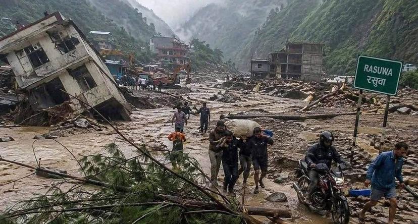 A massive flash flood in the Bhote Koshi River in Nepal